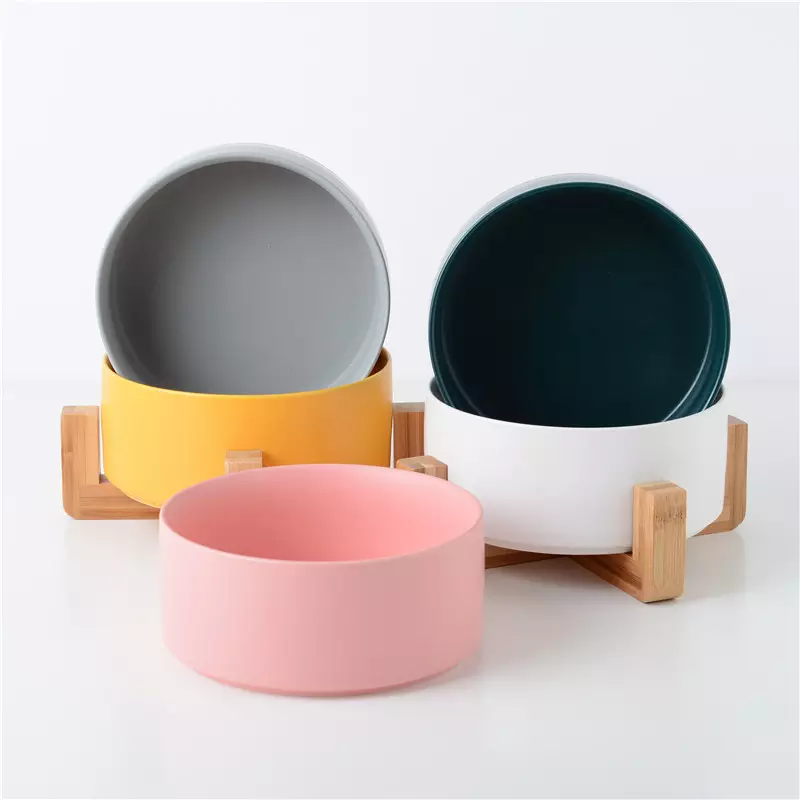Premium Ceramic Multi-color Nordic Gray Luxury Dogs Elevated Wooden Bamboo Feeding Food Water Dual Use Cat Pet Bowls & Feeders 