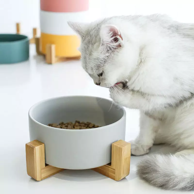 Premium Ceramic Multi-color Nordic Gray Luxury Dogs Elevated Wooden Bamboo Feeding Food Water Dual Use Cat Pet Bowls & Feeders 
