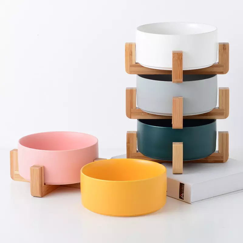 Premium Ceramic Multi-color Nordic Gray Luxury Dogs Elevated Wooden Bamboo Feeding Food Water Dual Use Cat Pet Bowls & Feeders 